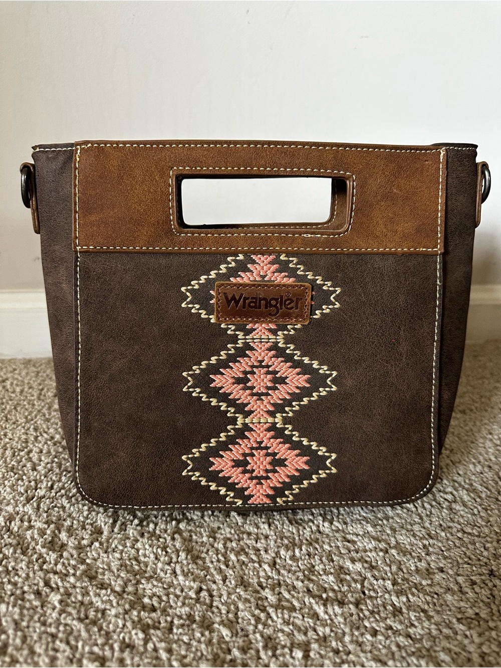 Wrangler Brown Leather-Accent Embroidered Purse - Brown & Pink